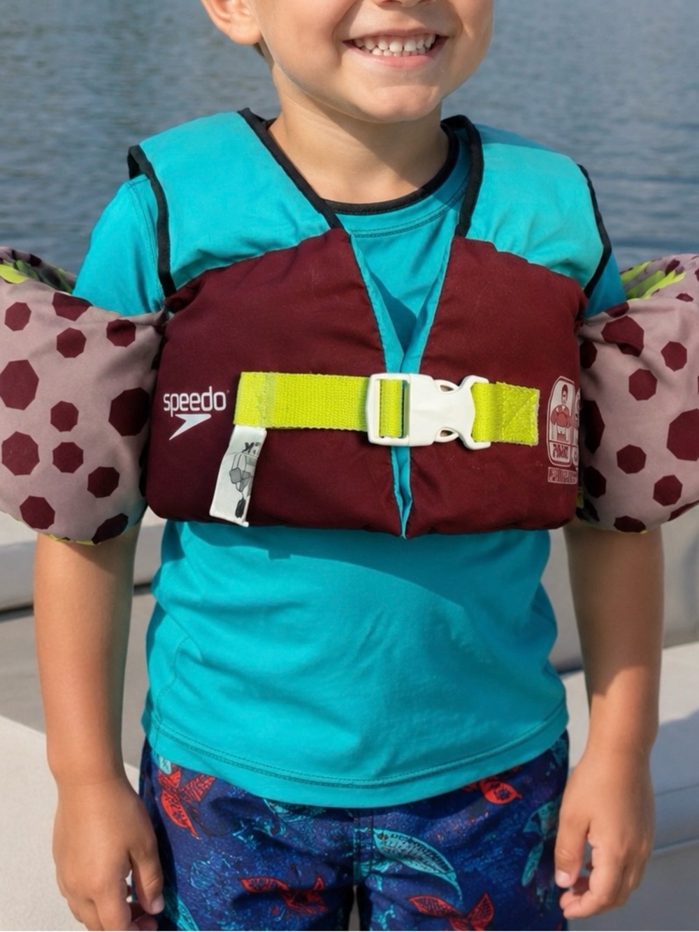 Speedo Kids Burgundy, Teal & Lime Swim Bib with Patterned Arm Floaties